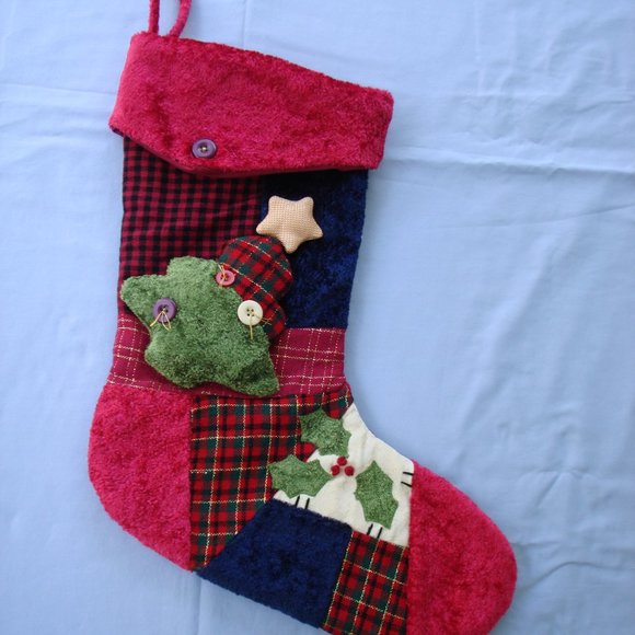Nice 18" Stocking Farmhouse Patchwork Christmas Embellished Buffalo Check Fabric - Picture 1 of 14
